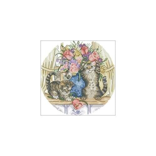 NN YIXIAO Counted Cross Stitch Kit Cross stitch RS cotton with cross stitch Haejbgqs Magazine - round cat and tulip