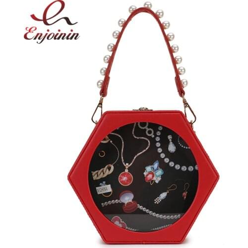 Fashion Hexagon Box Style Pearl Handle Transparent Female Party Handbag Shoulder Bag Clutch Bag Crossbody Mini Messenger Bag
