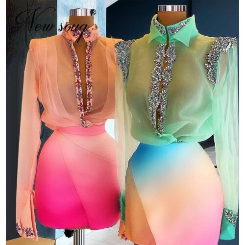 Fashion Multi Color Short Celebrity Dresses 2021 Beaded Illusion Top Prom Dress Vestidos De Fiesta Arabic Party Cocktail Dress