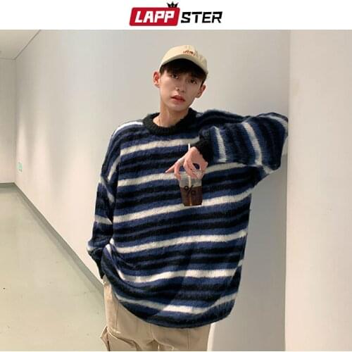 LAPPSTER Men Striped Harajuku Knitted Sweater 2021 Mens Oversized Vintage Streetwear Pullovers Male Y2k Korean Fashion Sweaters