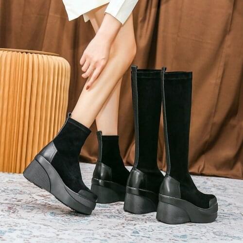 New Winter Sponge Cake Warm Boots Women Shoes Non-slip Round Head Thickened 6cm Height Increased3cm High Tube Elastic Thin Boots