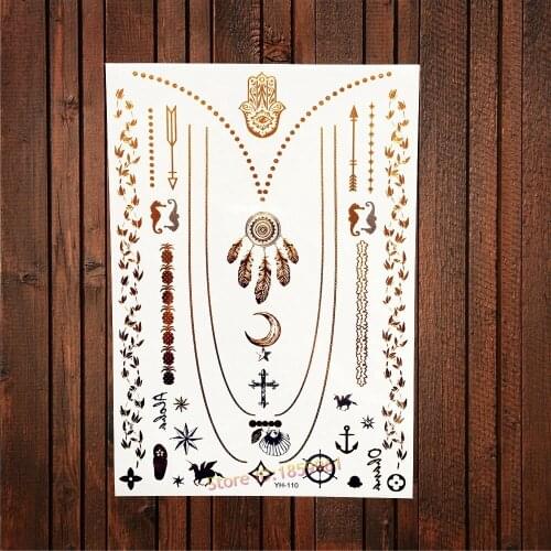 Sexy Gold Temporary Flash Tattoo Moon Cross Necklace Dreamcatcher Design Waterproof Body Art Decals Fake Tattoo Stickers AYH-110
