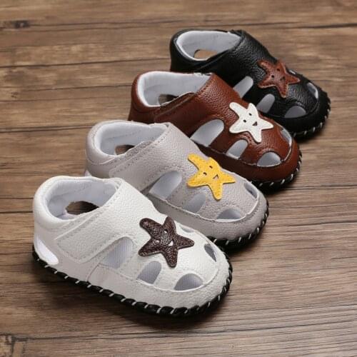 Simple boy shoes summer solid color PU baby soft bottom non-slip cute five-pointed star pattern baby toddler shoes