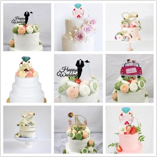 Romantic Wedding theme Cake Topper Diamond Ring Wedding Party Cake Flags Color Printing Engagement/Confession Cake Dessert Adorn