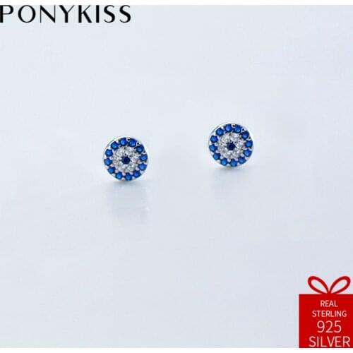 PONYKISS Trendy S925 Sterling Silver Minimalist Fashion Round Zircon Stud Earrings Women Jewelry Accessory Birthday Party Gift