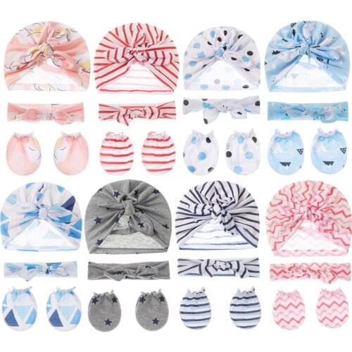 3pcs/set Toddler Hats Turban Baby Gloves Set Childrens Printed Striped Hair Bow Newborn Cap Kids Cotton Baby Hair Accessories