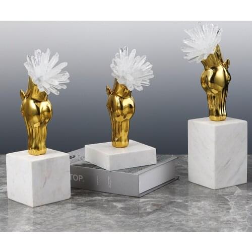 Golden Drink Horse Head Natural Crystal Brass Crafts Figurines Desktop Ornaments For Office Home House Layout Decor Marble Gift