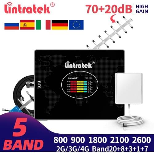 Lintratek 2G 3G 4G 5 Band Cellular Amplifier GSM UMTS LTE Signal Repeater B20 800 900 1800 2100 2600 Booster 20db Antenna Kit