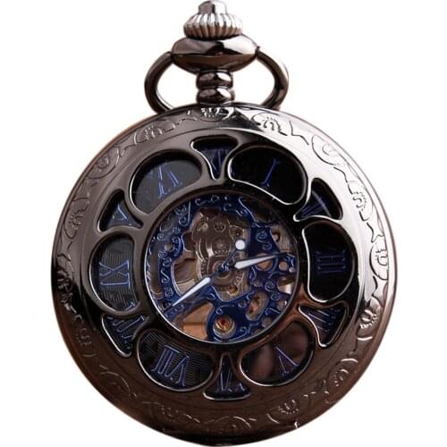 Vintage Classic Steampunk Black Hollow Pocket Watch Men Auto Stainless Steel Men Woman Mechanical Pocket Watch for Free Shipping