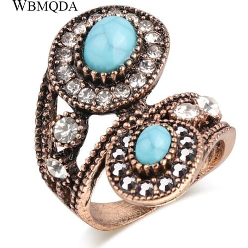 Wbmqda Vintage Jewelry Wholesale Simulated Turquoise Ring For Women Antique Gold Party Crystal Wedding Ring Jewelry 2019 New