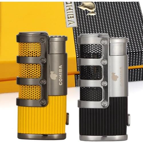COHIBA Lighters Metal Pocket Butane Cigar Torch Lighter Gas Windproof 3 Jet Smoking Lighter For Cigar Accessories W/ Gift Box