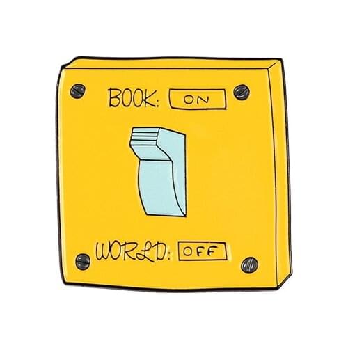 Yellow Book ON World OFF Controller Metal Enamel Brooch Creative Fashion Reading Fan Badge Pin Fun Trendy Costume Jewelry Gift
