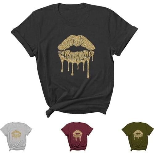 Golden Lips Letter Print Women T Shirt Short Sleeve ONeck Loose Women Tshirt Ladies Tee Shirt Tops Clothes Camisetas Mujer