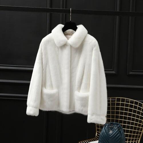 Mink Fur Women Short Coat with Collar and Pocket Winter Thick Warm Mink Fur Jacket