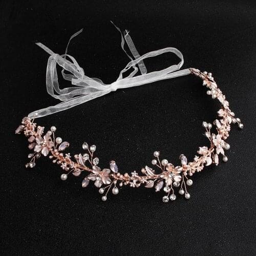 Crystal Headbands Wedding Hair Jewelry Accessories Rose Gold Color Flower Women Bridal Hairbands Leaf Hair Ornament