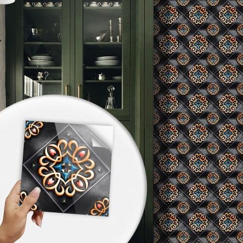 10pcs Black Pattern Hard Tiles Wall Sticker Bathroom Kitchen Backsplash Art Mural Waterproof & Oil-proof Ceramics PVC Wallpaper