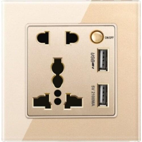 13A British Standard Socket with USB,Electric Light Socket Glass Gold Panel, USB Socket,Charger Plates,International USB Panel