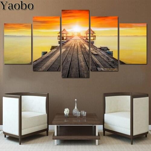 5 pcs/set diy 5D Diamond Painting Cross Stitch Sea Wood Bridge Sunset Scenery Full Square Diamond Embroidery Rhinestones icon