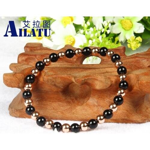 6mm Black Onyx Stone Mix Colors Metal Copper Beads Beaded Elastic Strand Bracelet Customized Length Drop Shipping