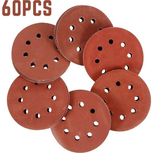 60 Pcs 5inch Sanding Discs 8 Holes Sandpaper Pads Set Round Shape Sanding Discs Hook Loop Sanding Paper Buffing Sheet Sandpaper