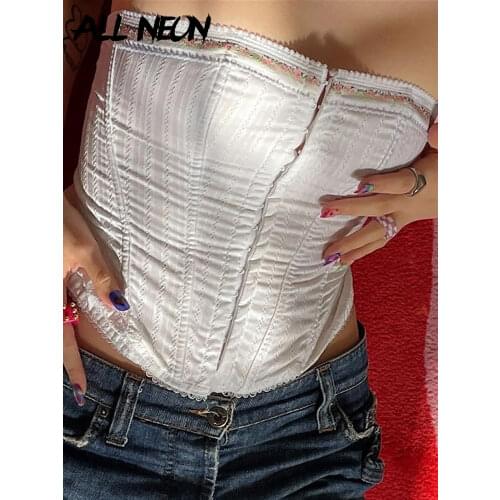 ALLNeon Vintage 2000s Backless Lace Trim Corset Tops Y2K Aesthetics Strapless Single-breasted White Tube Top E-girl Crop Tanks