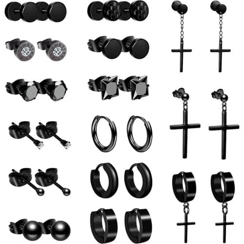 Boniskiss 15 Pairs 316L Stainless Steel Earrings For Men Women Hip hop Black Piercing Stud Earring FashionBest Jewelry Gift