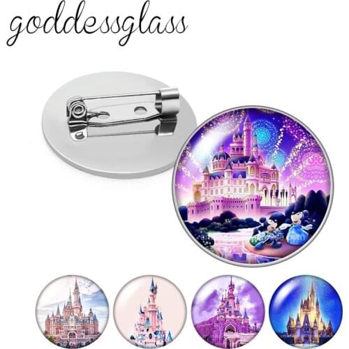 Disney castle Firework Night scenery Round Glass cabochon Silver color Brooch Dome Photo Jewelry Brooches Pin For Gift