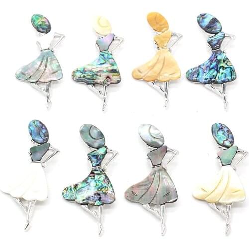 Natural Shell Alloy Metal Pendant Brooch Girl Shape Metal Dyed Abalone Shell Accented Charms for Jewelry Making