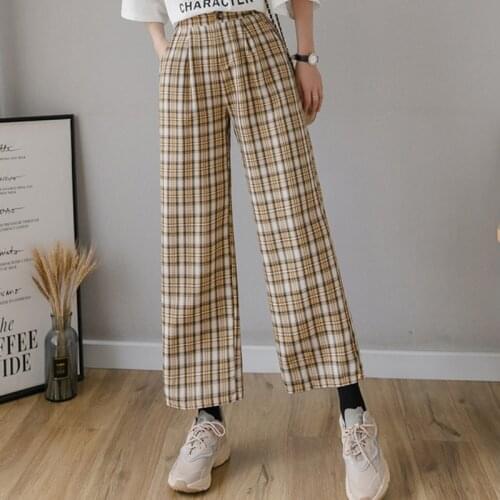 Vintage Plaid Pants Women High Waist Plus Size Wide Leg Casual Trousers 2021 Summer Joggers Clothes Streetwear Pantalones Mujer