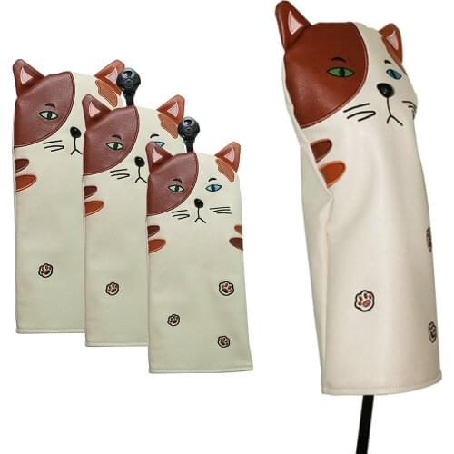 Cute Cat Golf Head Cover Premium PU Leather Golf Club Headcover No. 1 3 5 UT for Golf Club FW UT Driver DR