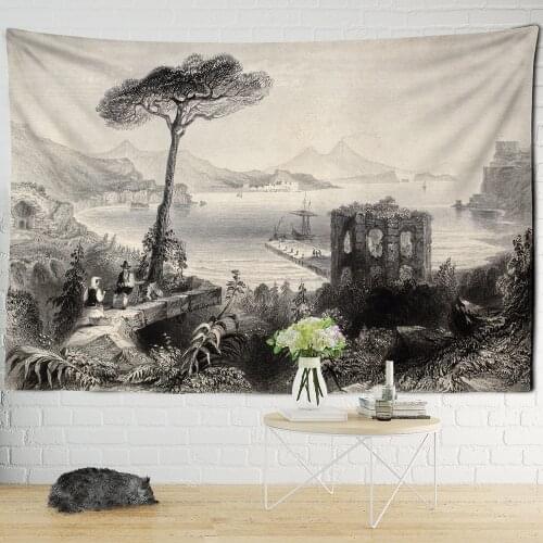 European Port Black And White Wash Painting Tapestry Wall Hanging Pine Psychedelic Bohemian Hippie Bedroom Decor