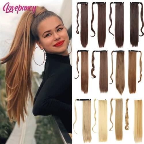 Long Straight Ponytail Wrap Around Ponytail Clip in Hair Extensions Natural Hairpiece Headwear Synthetic Hair Brown Gray 613