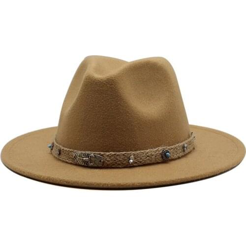 All-match Wide Brim Fedora Hat For Women Solid Color Wool Felt Hat For Men Autumn Winter Panama Gamble Yellow Jazz Cap