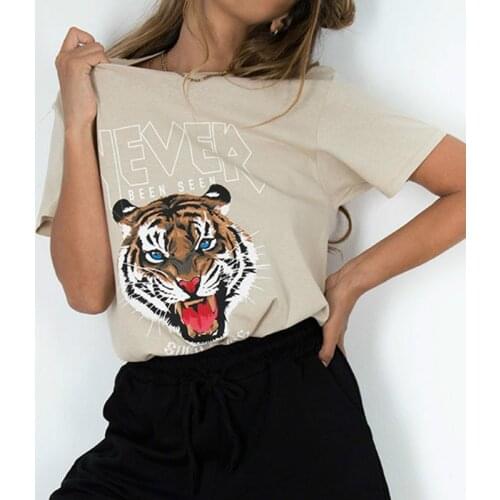 Khaki Short Sleeve Loose Tops Sweatshirt Fashion Women Harajuku Tee Shirt Casual Tiger Letter Print T-shirt Summer Streetwear