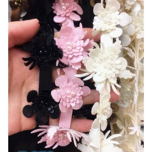 Artificial Leather Flower Pearl Embroidered Lace Trim Ribbon Fabric Sewing Supplies Craft DIY For Costume Dress Hat Decoration
