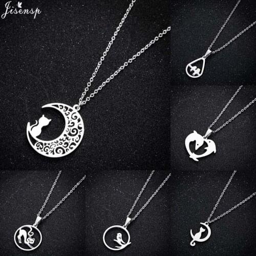 Jisensp New Fashion Vintage Kitty Moon Necklace Pendant Lovely Cat Stainless Steel Animal Necklace for Women Girls Party Gift