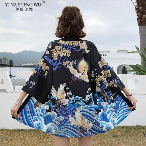 Kimono Haori Women Cardigan Surblouse Japanese Kimono Traditional Crane Summer Beach Sunscreen Harajuku Clothes Yukata with Belt
