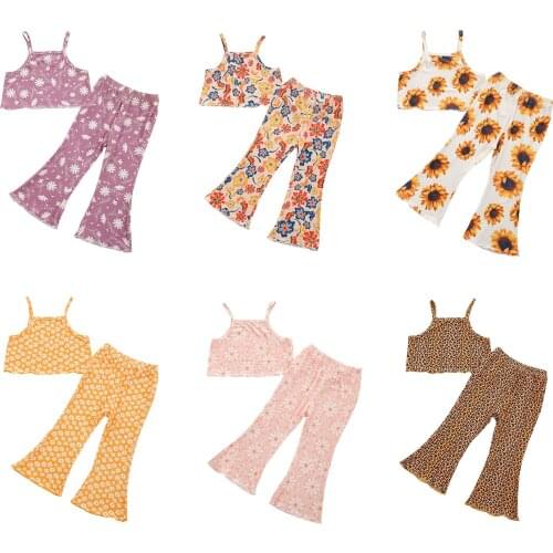 Baby Girls Clothes Set, Floral/Leopard Print Sleeveless Square Collar Cropped Tops + Flared Trousers 3-8T
