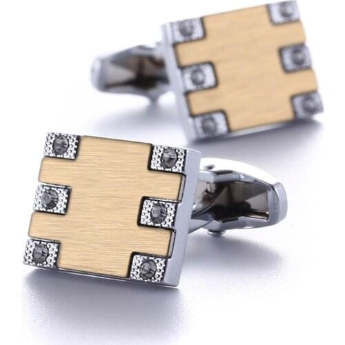 Two-color Square Simple Business French Cufflinks Silver Color Metal Inlaid Crystal Trendy Mens Jewelry Gift OL Style