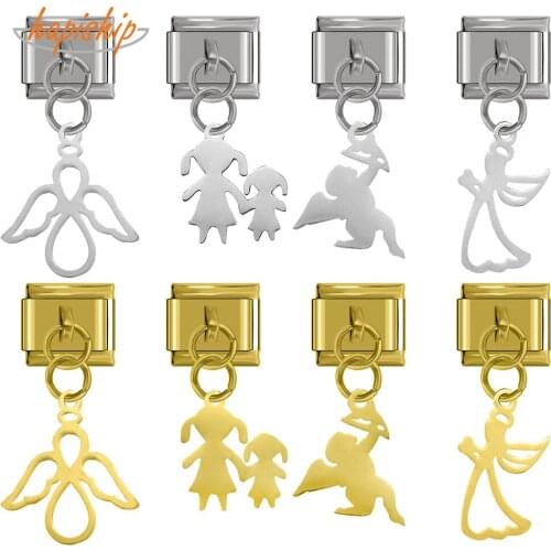 Hapiship 2020 New Hot Original Daisy Angle Wing Cupid Family Charm Links Fit 9mm Bracelet Stainless Steel Jewelry Making DJ257