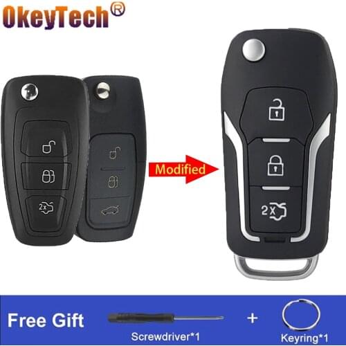 OkeyTech Modified Car Key Shell For Ford Focus C Max Mondeo Connect Fiesta 3 Buttons Filp Remote Control Case Replacement Cover