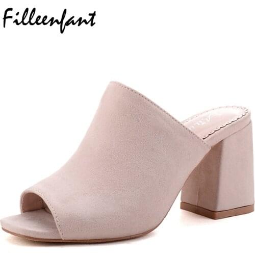 Ladies Open Toe High Heel Slippers Flock Thick Block Heel Slippers Women 2018 Summer Casual Mules Shoes Woman Half Slipper