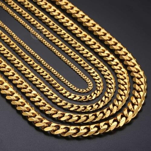 Polished Stainless Steel Necklace For Men Gold Curb Cuban Link Chain Mens Necklace Dropshipping 2019 3-11mm DKNM156