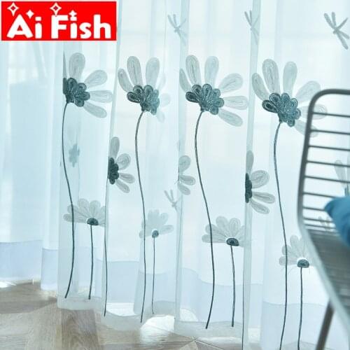 Pastoral Embroidered Gauze Window Curtain living room Silver wire Shiny Blue Small Flower Pattern Tulle Curtains Drapes wp440#5