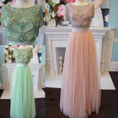 Two Piece Prom Dress 2k19 Blush Mint Tulle Long Prom Gowns Short Sleeve vestidos de fiesta largos elegantes de gala Beading