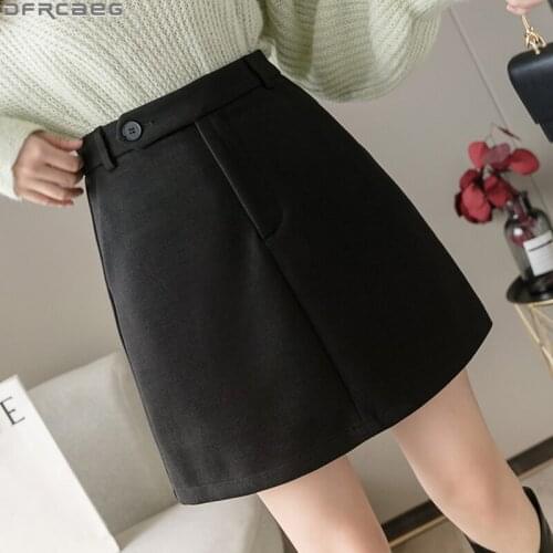 Casual A-Line Mini Womens Skirts 2021 Winter Woolen High Waist Skirt Female Loose Streetwear Button Brown Black Mujer Faldas