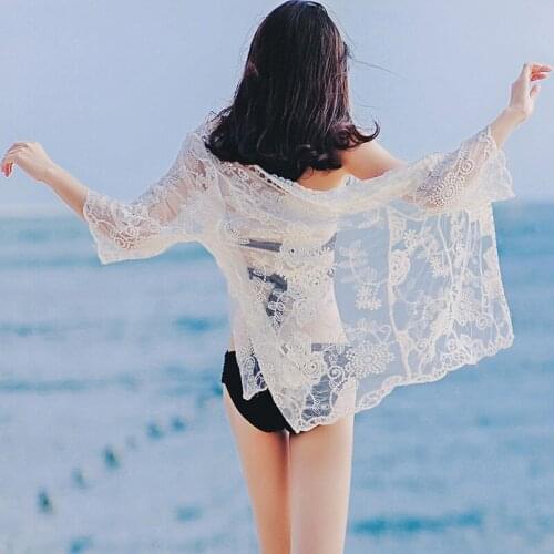 Sexy Lace Flower Cardigan Bikini Cover Up Women Beach Swimwear Sunscreen Beachwear Swimwear Long Blouse Shirts Femal