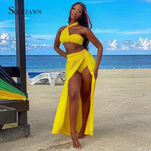 Sexy Solid Color Bikini Two-Piece Set Summer Women Halter Crop Top with Pad + Pants Skirt Swimsuits Fashion Beachwear Outfits