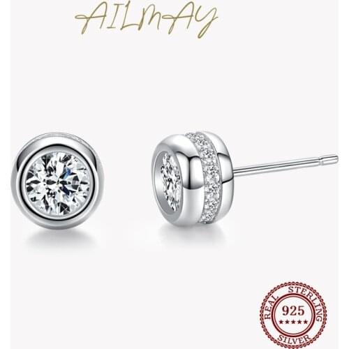 Ailmay Real 925 Sterling Silver Dazzling Clear CZ Classic Round Design Stud Earring for Women Wedding Engagement Jewelry Gift