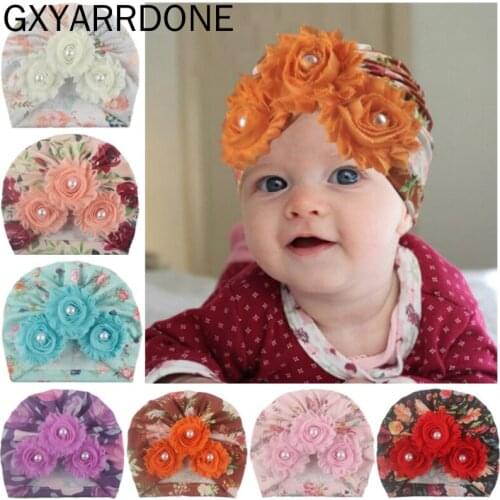 2020 Baby Girls Beanie Floral Spring Summer Pearls Newborn Hat Three Shabby Flower Turban Hat Infant Baby Cap 12 Colors